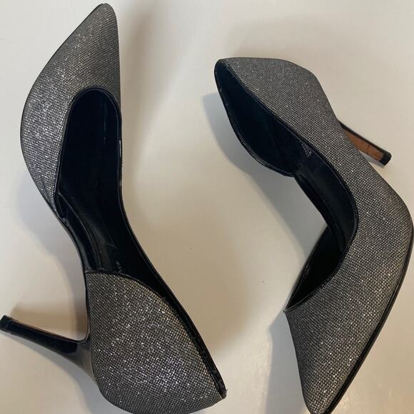 WHBM Ella Silver Glitter Pumps size US 7 D'Orsay Glitter Embossed Black Leather - Picture 3 of 7